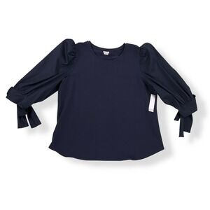 Chicos Top Women XL Dark Blue 3/4 Sleeve Mixed Media Puff Bow NWT